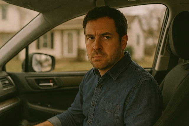 Concerned individual sitting in a parked car and scanning the area, showing counter surveillance awareness and personal safety.